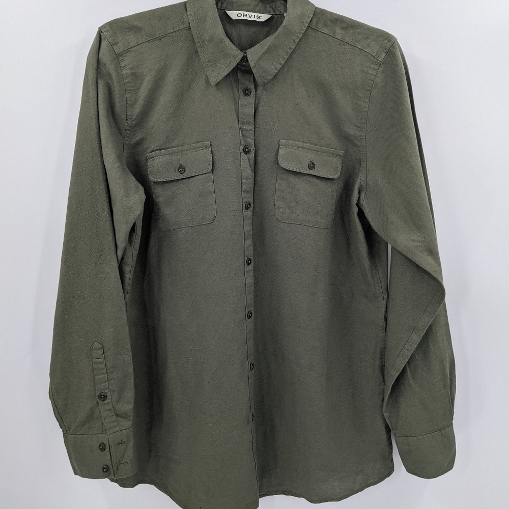 ORVIS Linen Blend Roll Sleeve Camp Button Down Shirt